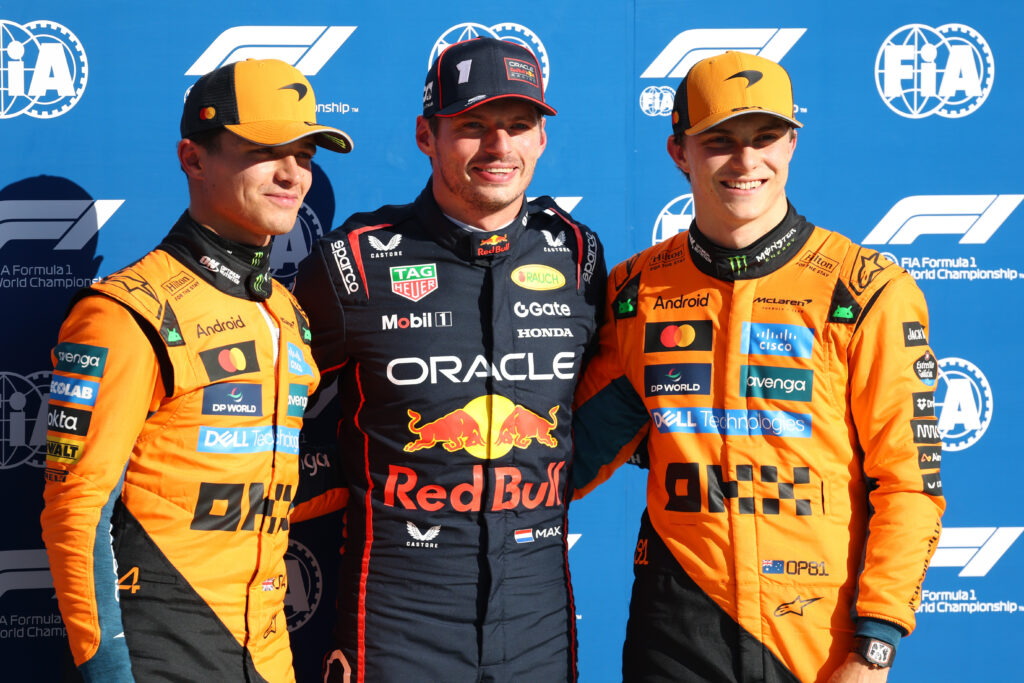 Red Bull driver Max Verstappen with McLaren's Lando Norris and Oscar Piastri after scoring pole at Monza for the 2025 F1 Italian Grand Prix