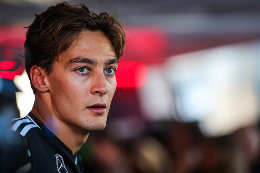 Mercedes driver George Russell speaks to the media after qualifying at Monza for the 2025 F1 Italian Grand Prix