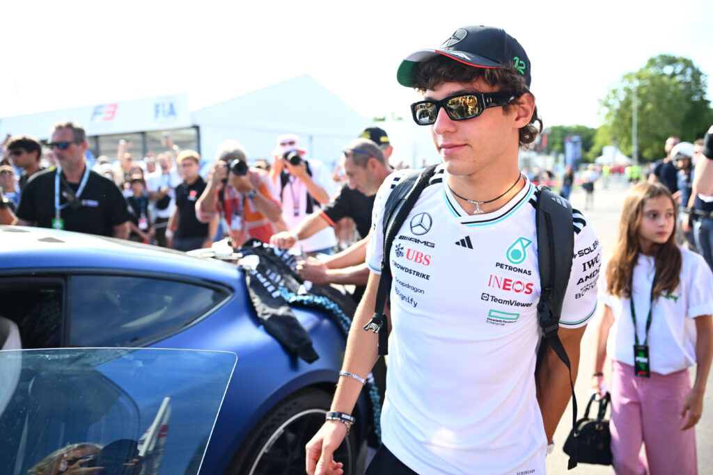 Mercedes driver Andrea Kimi Antonelli arriving at the 2025 Formula 1 Italian Grand Prix