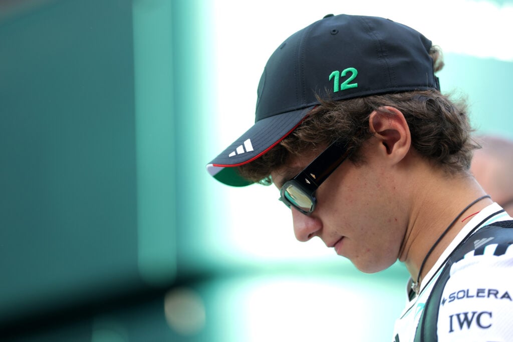 Kimi Antonelli of Mercedes bows his head in the Italian Grand Prix paddock