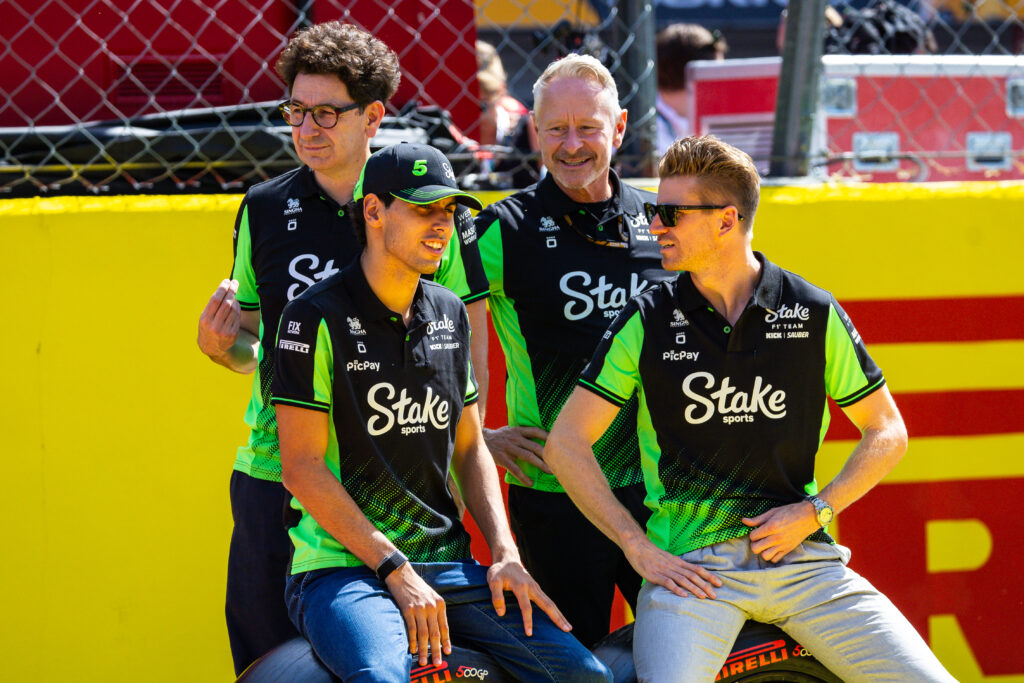 Sauber chiefs Mattia Binotto and Jonathan Wheatley with drivers Gabriel Bortoleto and Nico Hulkenberg at the 2025 Formula 1 Italian Grand Prix