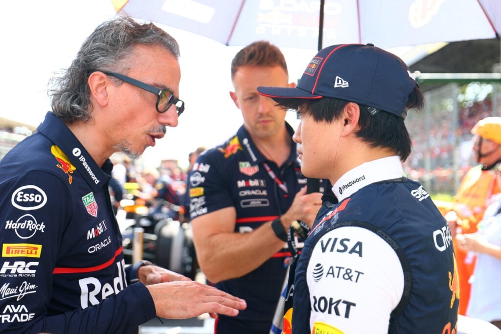 Red Bull team principal Laurent Mekies talking to driver Yuki Tsunoda at the 2025 Formula 1 Italian Grand Prix