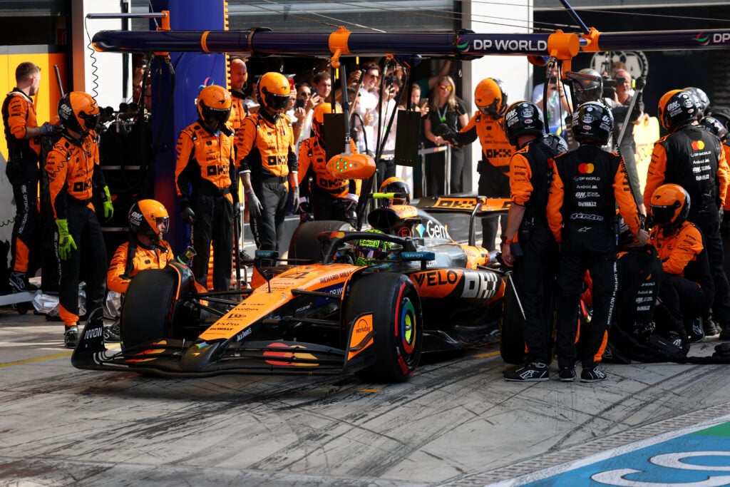 McLaren driver Lando Norris makes a pit stop at Monza during the 2025 F1 Italian Grand Prix