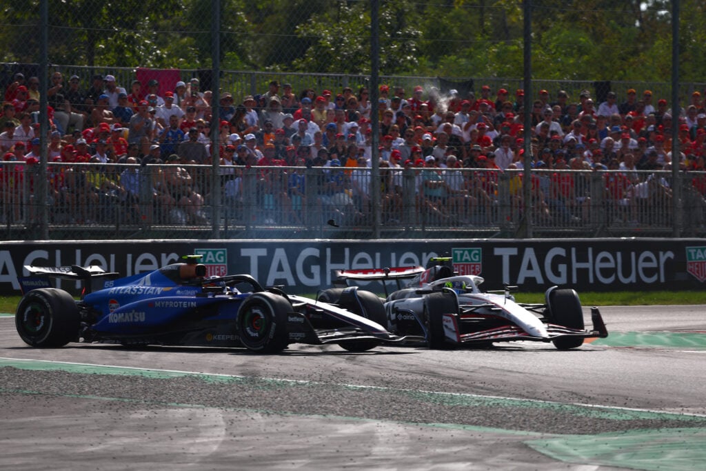 Williams driver Carlos Sainz and Haas driver Oliver Bearman colliding during the 2025 Formula 1 Italian Grand Prix