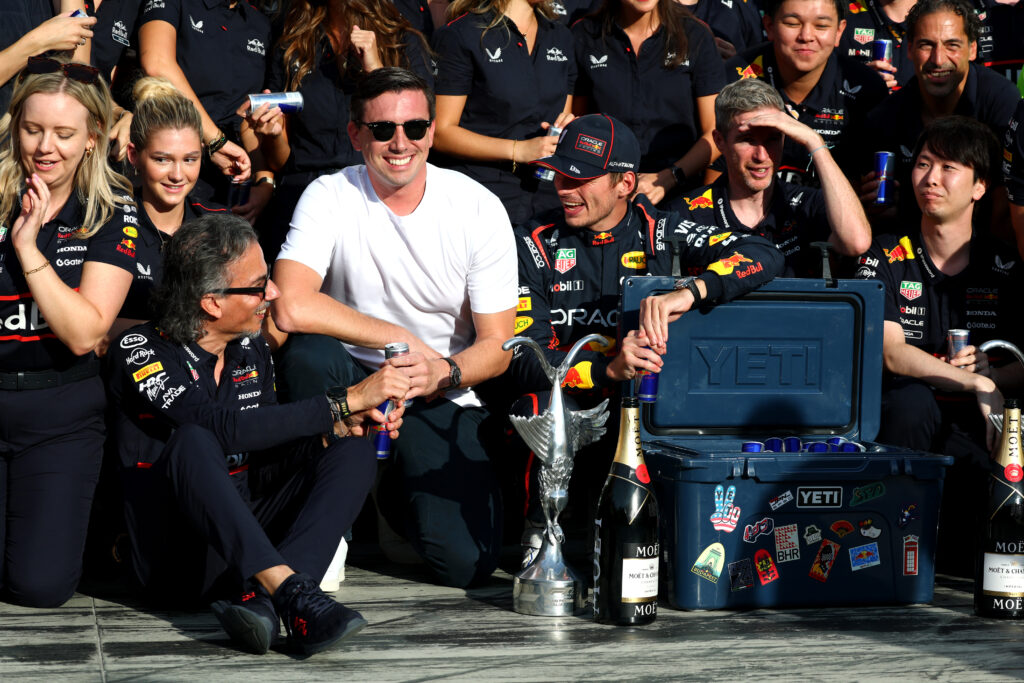 Red Bull team principal Laurent Mekies, owner Mark Mateschitz and driver Max Verstappen celebrating victory at the 2025 Formula 1 Italian Grand Prix