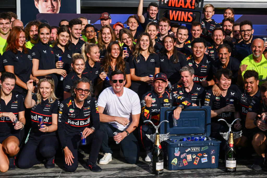 The Red Bull Racing celebrating Max Verstappen's victory at the 2025 Formula 1 Italian Grand Prix