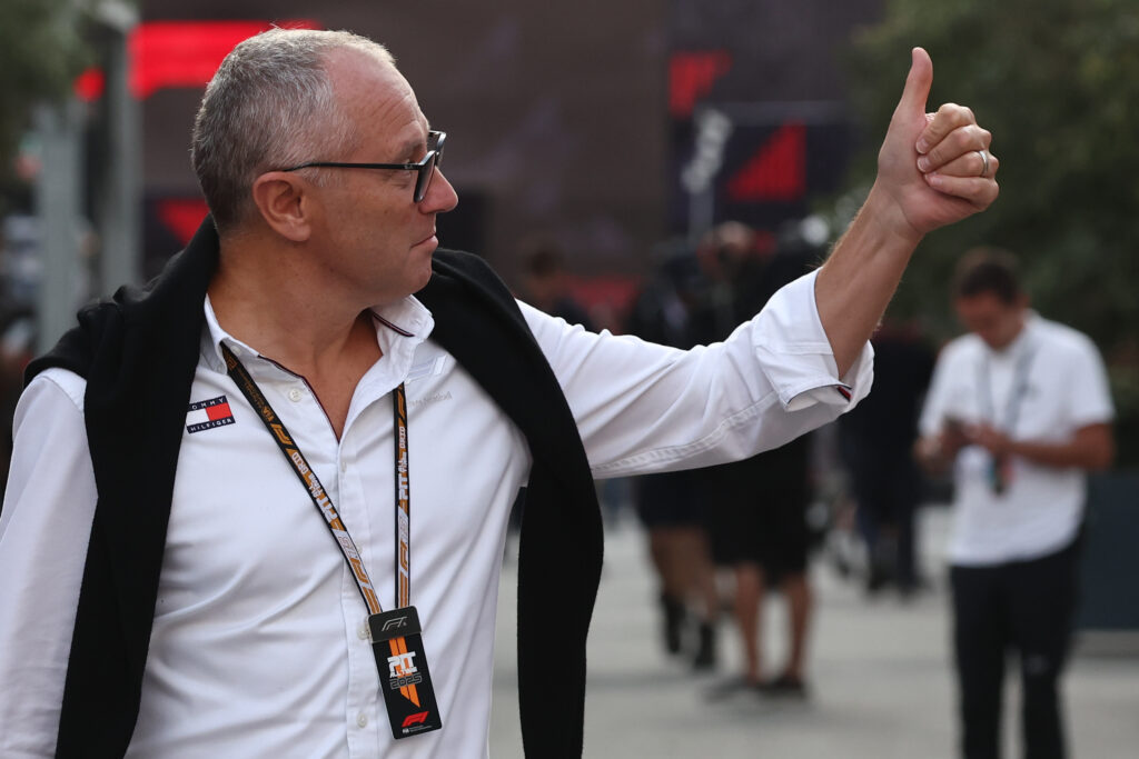 F1 CEO Stefano Domenicali gives a thumbs up in the Baku paddock after qualifying for the 2025 Azerbaijan Grand Prix