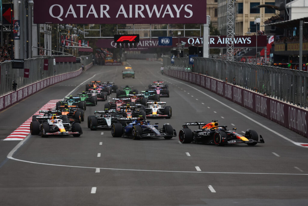 Red Bull driver Max Verstappen leading the start of the 2025 Formula 1 Azerbaijan Grand Prix