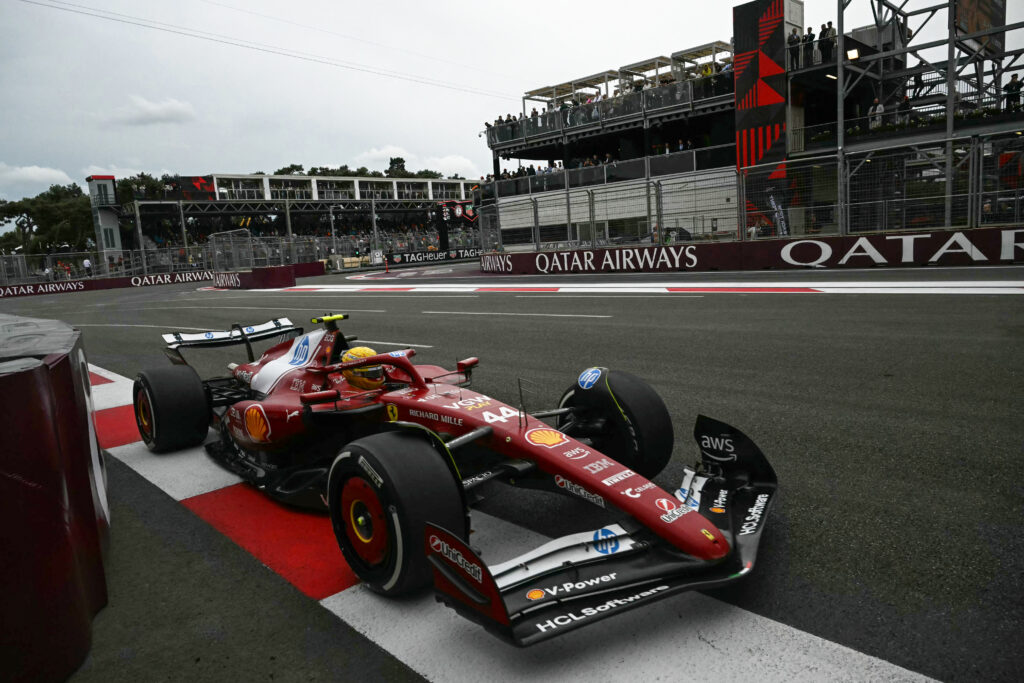 Ferrari driver Lewis Hamilton getting close to the barriers on the exit of turn one during the 2025 Formula 1 Azerbaijan Grand Prix