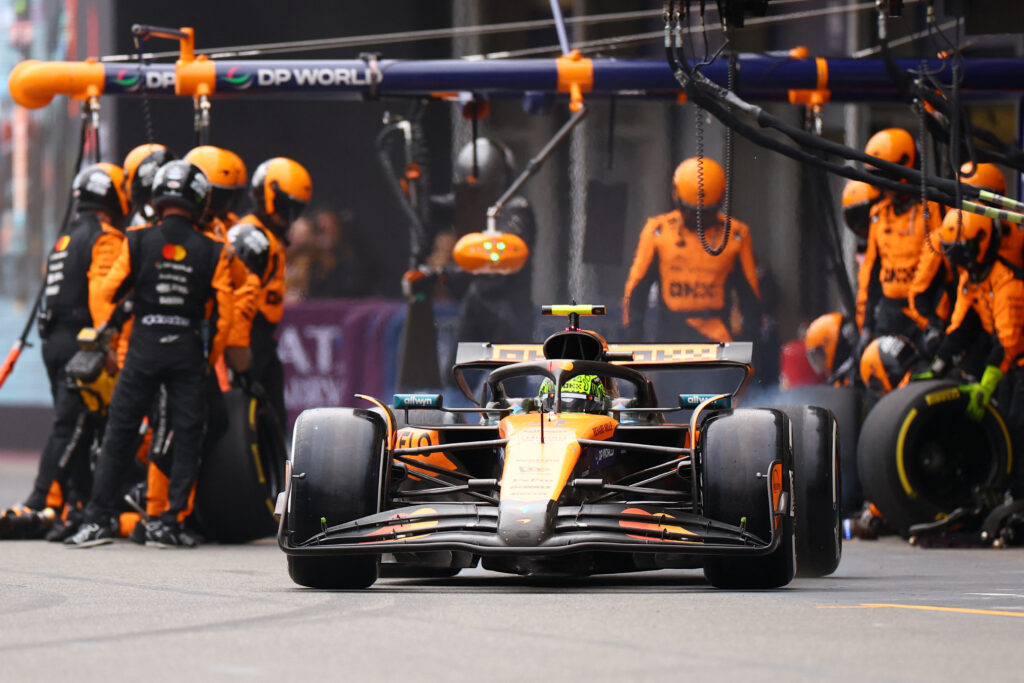 McLaren driver Lando Norris leaving the pit lane after a slow stop at the 2025 Formula 1 Azerbaijan Grand Prix
