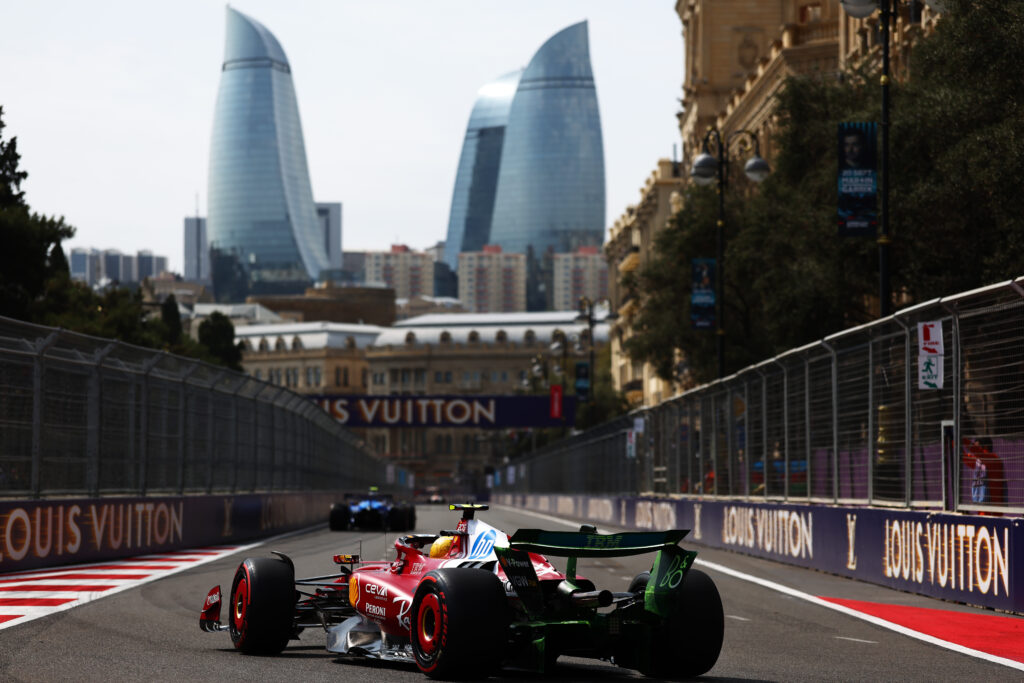 Ferrari driver Lewis Hamilton on track in Baku during practice for the 2025 F1 Azerbaijan Grand Prix
