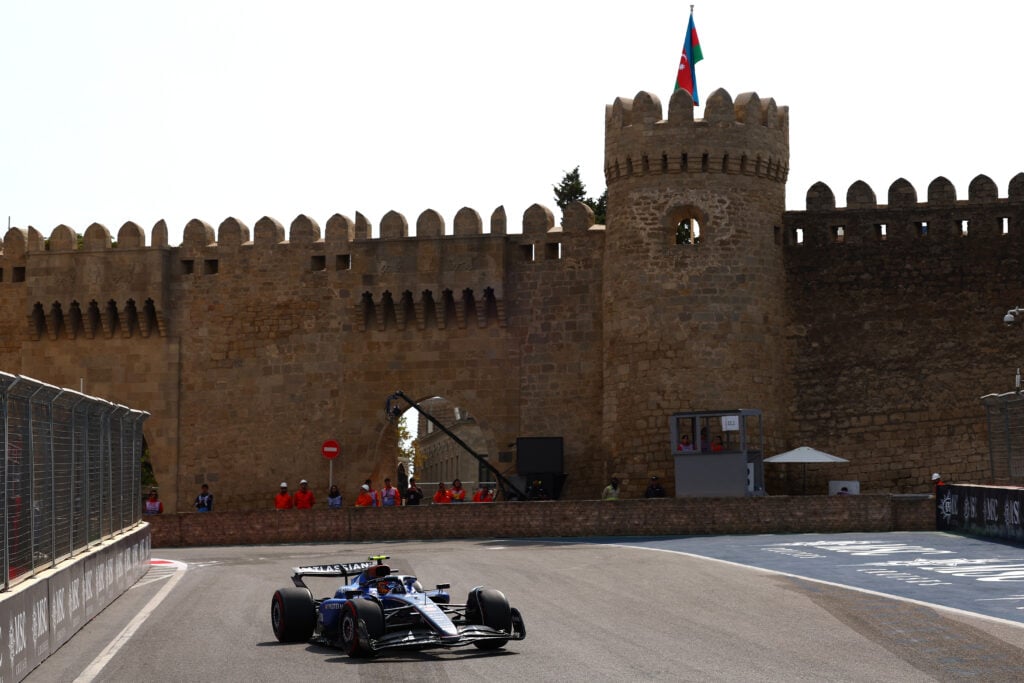 Williams driver Carlos Sainz on track in Baku's Old City during practice for the 2025 F1 Azerbaijan Grand Prix