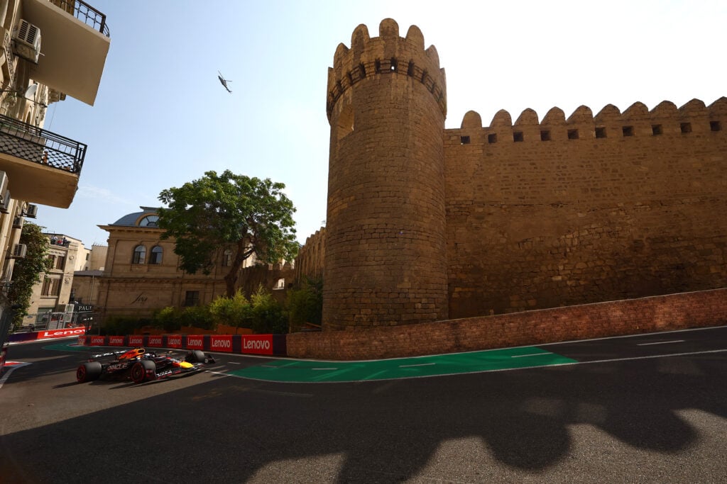 Red Bull driver Max Verstappen on track through Baku's Old City during practice for the 2025 F1 Azerbaijan Grand Prix