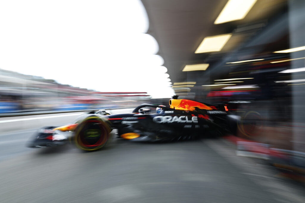 Max Verstappen's Red Bull leaves the garage during the 2025 Azerbaijan Grand Prix