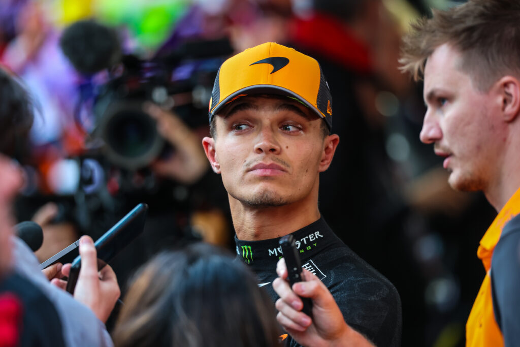 McLaren driver Lando Norris speaks to the media in Baku after qualifying for the 2025 F1 Azerbaijan Grand Prix