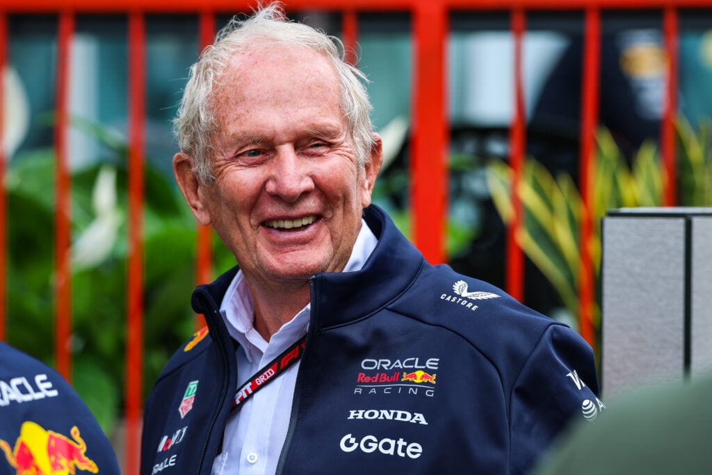 Helmut Marko of Red Bull smiles in the Azerbaijan Grand Prix paddock