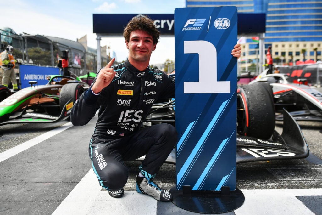 Aston Martin junior Jak Crawford celebrates winning the 2025 Formula 2 Baku Feature Race for DAMS