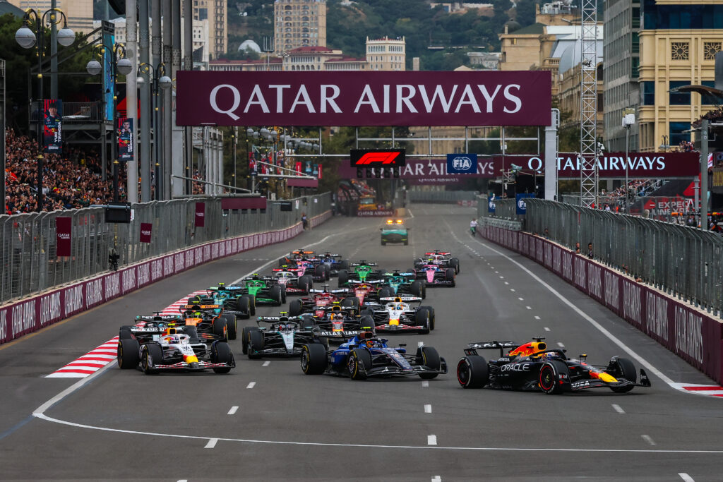 Red Bull's Max Verstappen leads the start of the 2025 F1 Azerbaijan Grand Prix in Baku