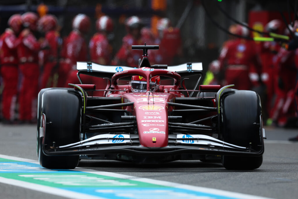 Charles Leclerc exits his Ferrari pitbox during the 2025 Azerbaijan Grand Prix