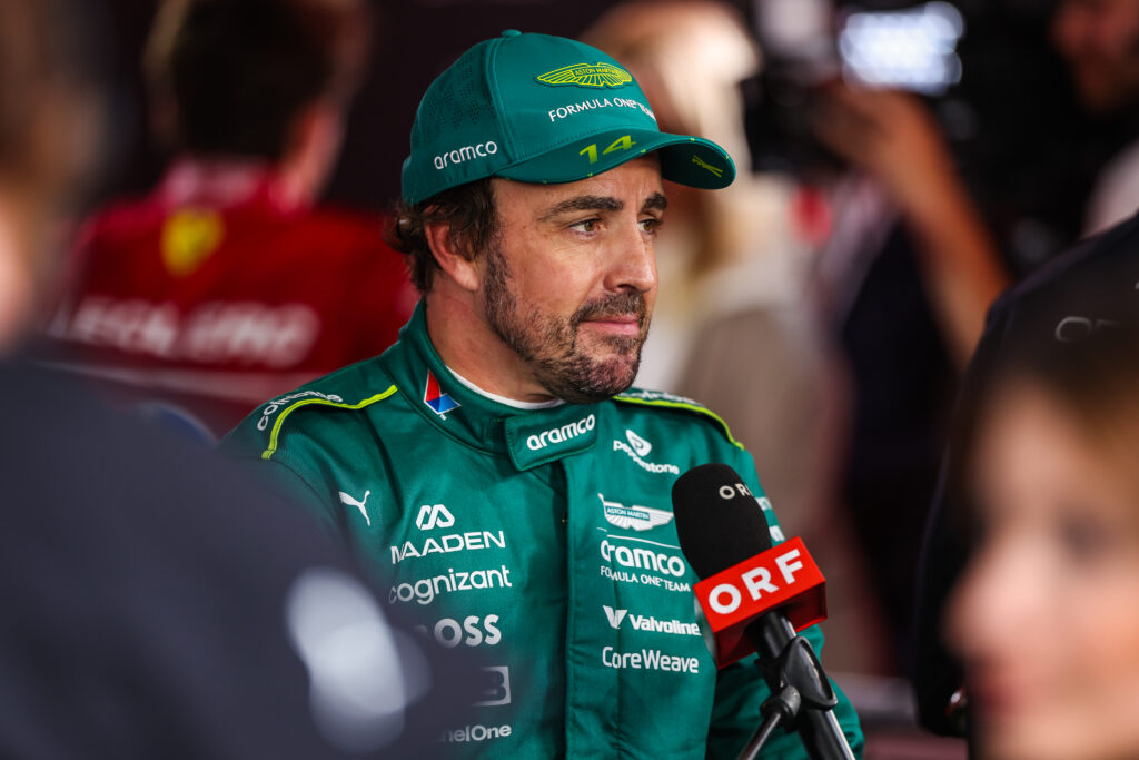 Aston Martin driver Fernando Alonso being interviewed at the 2025 Formula 1 Azerbaijan Grand Prix