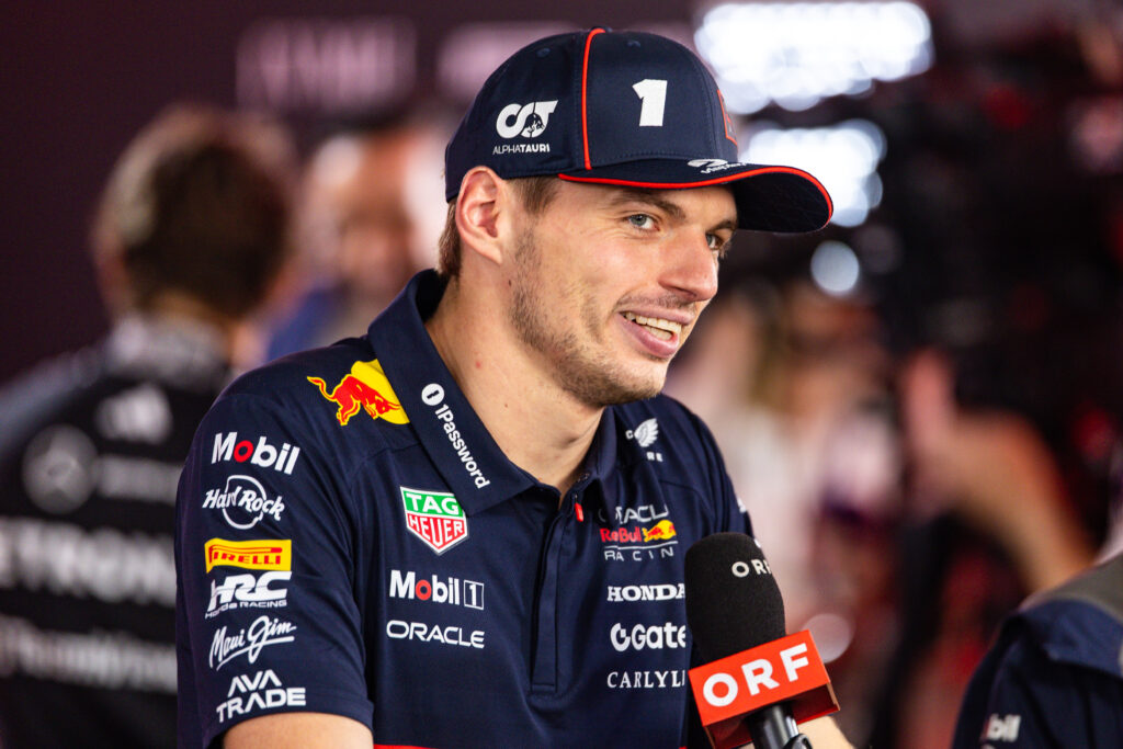 Red Bull driver Max Verstappen speaks to the media in Baku after winning the 2025 F1 Azerbaijan Grand Prix
