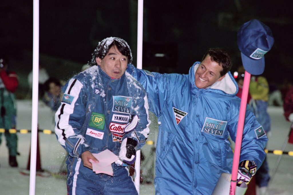 Ukyo Katayama has a snowball dropped on his head by Michael Schumacher in Japan in 1994