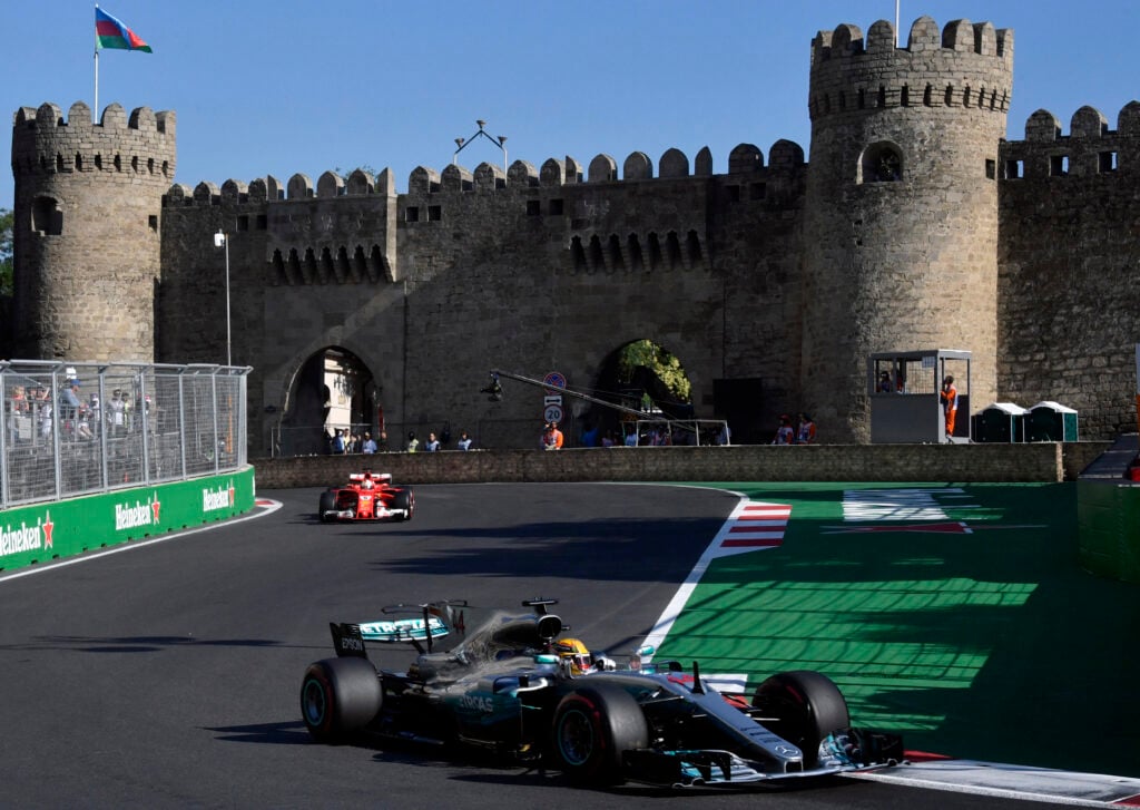 Lewis Hamilton of Mercedes leads Sebastian Vettel of Ferrari at the 2017 Azerbaijan Grand Prix