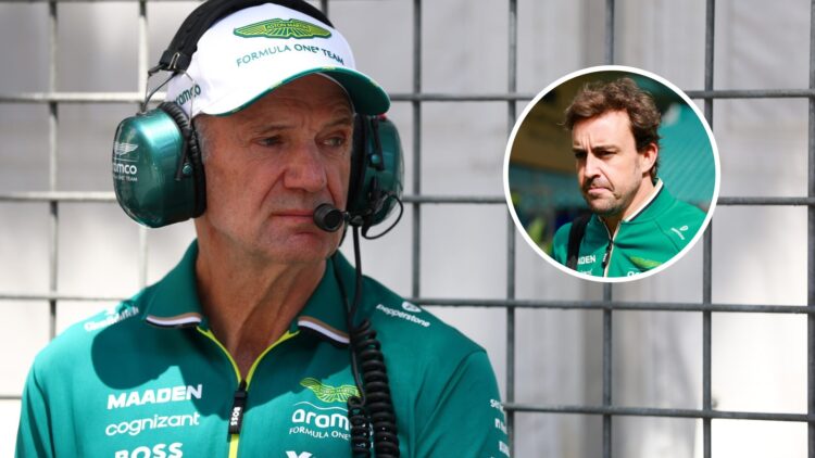 Aston Martin chief Adrian Newey at the 2025 Formula 1 Monaco Grand Prix with Fernando Alonso walking through the F1 pit lane in the overlay image.