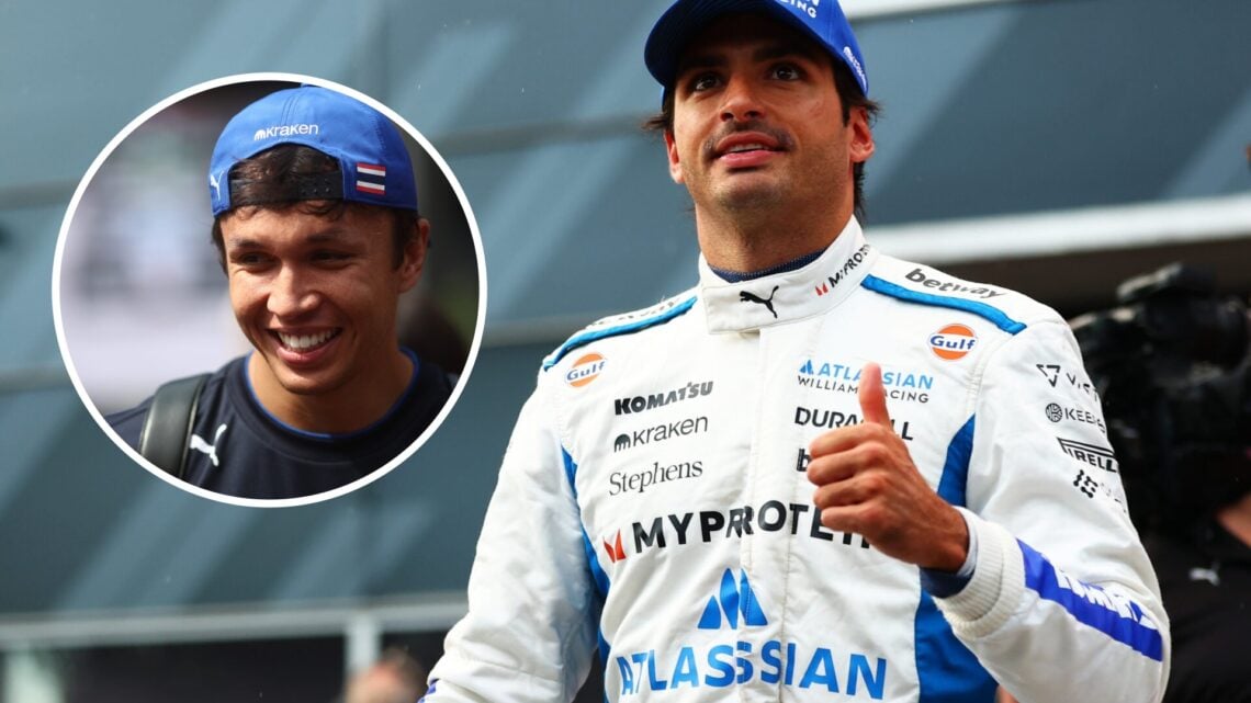 Carlos Sainz of Williams gives a thumb up after Azerbaijan Grand Prix qualifying; inset of Alex Albon