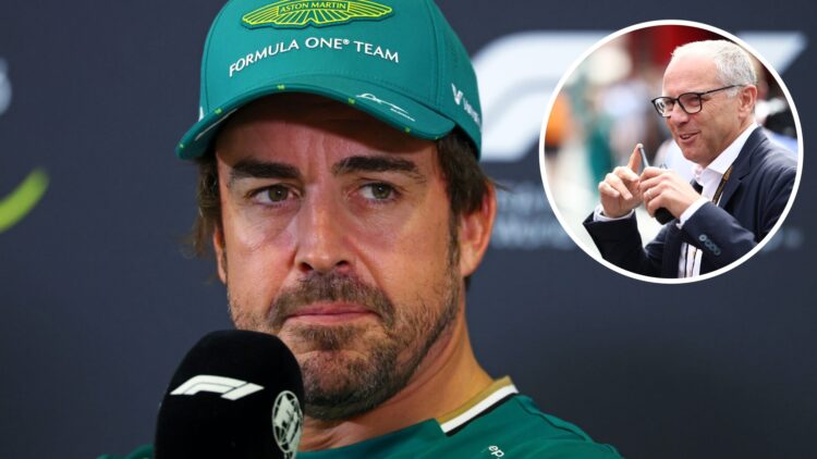 Aston Martin driver Fernando Alonso speaks in the pre-race press conference at the 2025 Italian Grand Prix with an inset of F1 CEO Stefano Domenica...