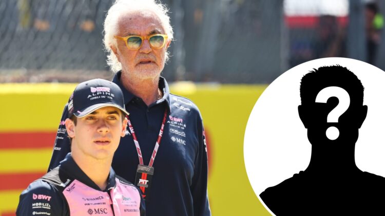 Alpine driver Franco Colapinto and executive adviser Flavio Briatore on the Monza grid before the 2025 F1 Italian Grand Prix with an inset of a mys...