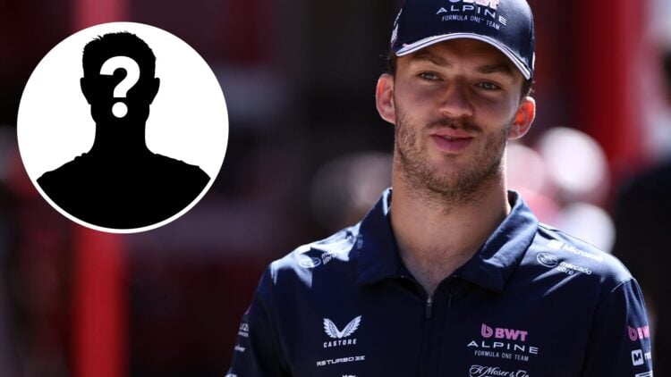 Alpine driver Pierre Gasly in the Monza paddock ahead of qualifying for the 2025 F1 Italian Grand Prix with a mystery person inset