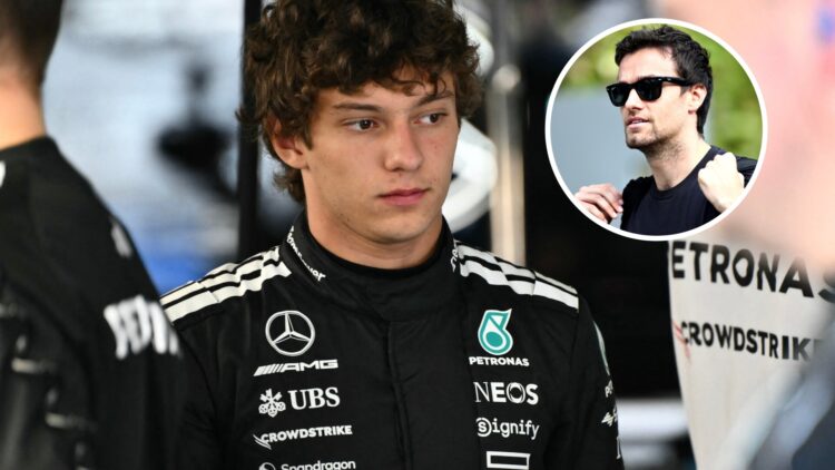 Andrea Kimi Antonelli looks on as Mercedes engineers work on his F1 car, with Jolyon Palmer walking through the F1 paddock in the overlay image
