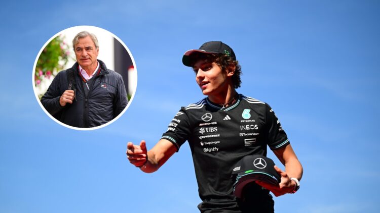 Kimi Antonelli of Mercedes throws caps to F1 fans; inset of Carlos Sainz Sr