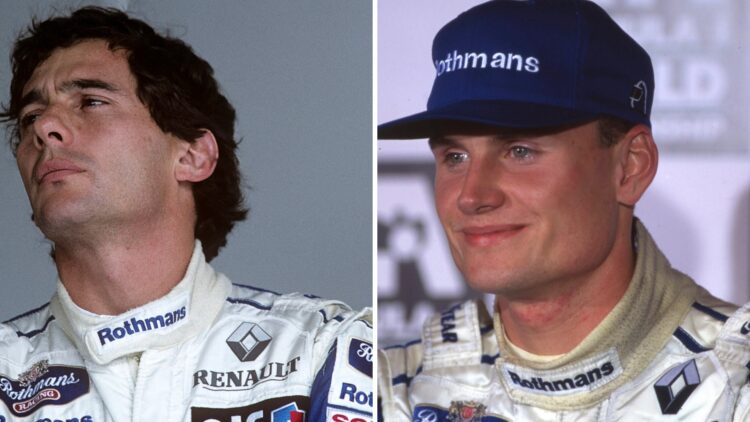 Williams driver Ayrton Senna (left) at the 1994 Pacific Grand Prix, Williams driver David Coulthard in a press conference at the 1994 Portuguese Gr...