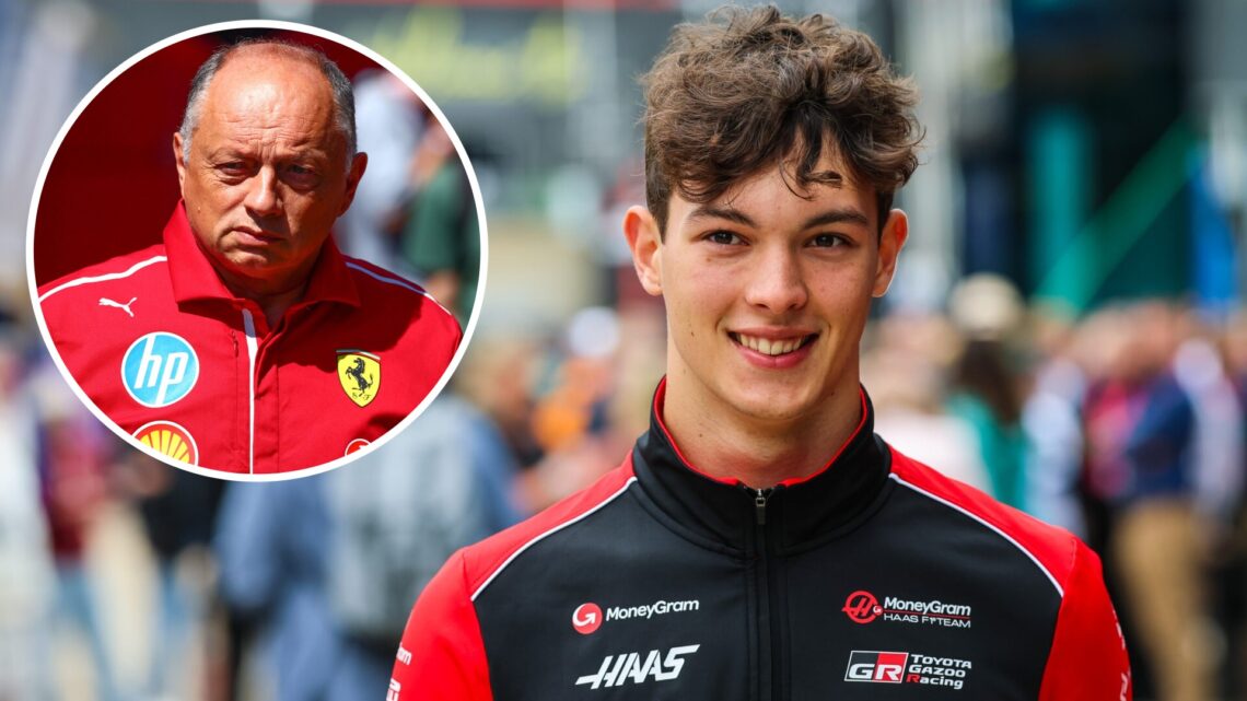 Haas driver Oliver Bearman in the paddock at the 2025 British Grand Prix, inset Fred Vasseur
