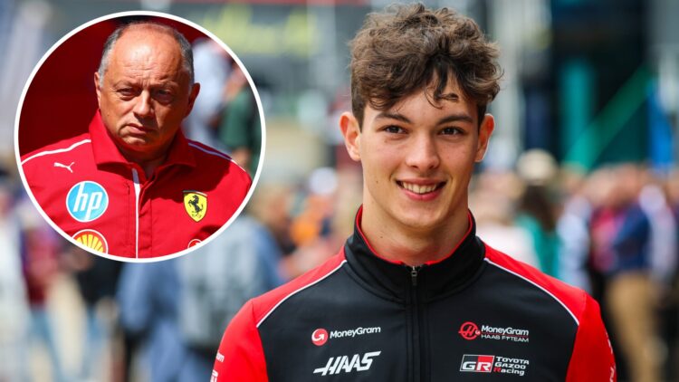 Haas driver Oliver Bearman in the paddock at the 2025 British Grand Prix, inset Fred Vasseur