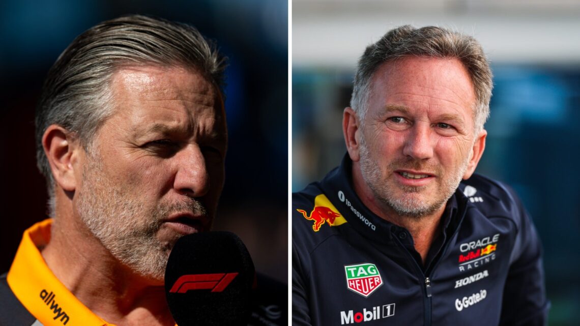 Zak Brown of McLaren speaks in an interview (L); Christian Horner looks on in Red Bull F1 gear (R)