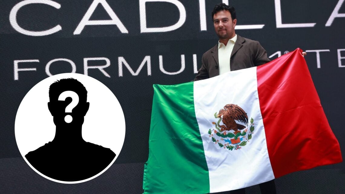 Sergio Perez holds the Mexican flag at his unveiling as a Cadillac 2026 F1 driver with a mystery person inset