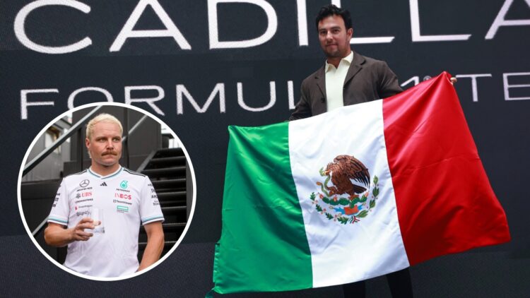 Sergio Perez holds the Mexican flag at his unveiling as a Cadillac 2026 F1 driver with an inset of Valtteri Bottas leaving the Mercedes hospitality...