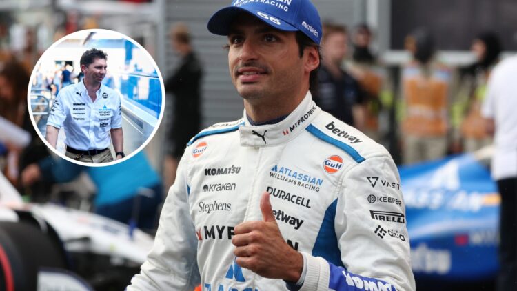 Carlos Sainz celebrating his P2 grid slot after qualifying for the Azerbaijan Grand Prix, with James Vowles walking through the Williams garage at ...