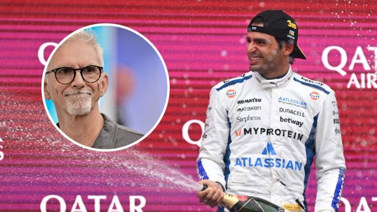 Williams driver Carlos Sainz spraying champagne on the podium at the 2025 Formula 1 Azerbaijan Grand Prix, inset, Damon Hill