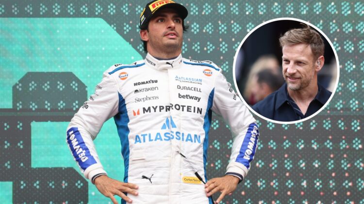 Williams driver Carlos Sainz standing on the podium at the 2025 Formula 1 Azerbaijan Grand Prix, inset, Jenson Button at the 2025 Formula 1 British...