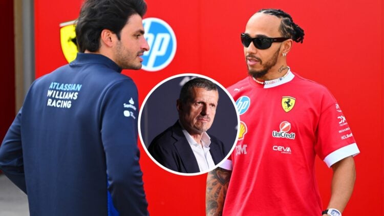 Williams driver Carlos Sainz (left) speaking to Ferrari driver Lewis Hamilton (right) at 2025 Formula 1 pre-season testing in Bahrain, inset, Guent...