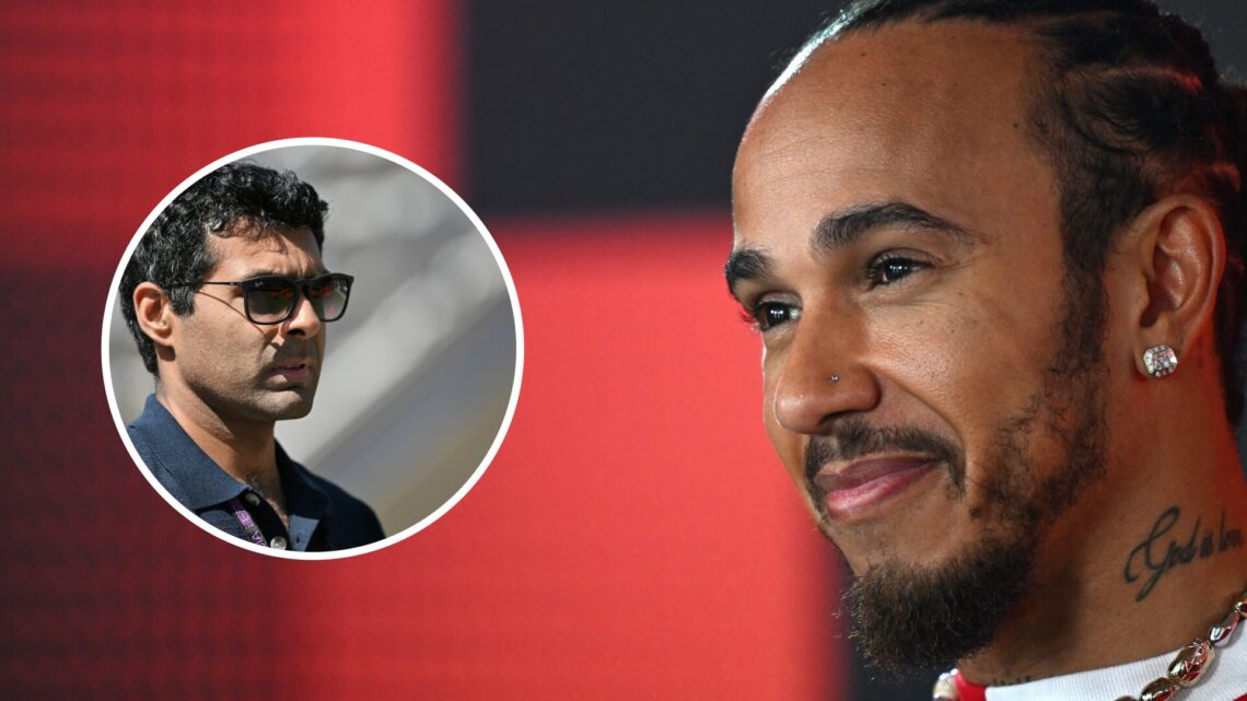 Lewis Hamilton of Ferrari smiles in the media pen at the Azerbaijan Grand Prix; inset of Karun Chandhok