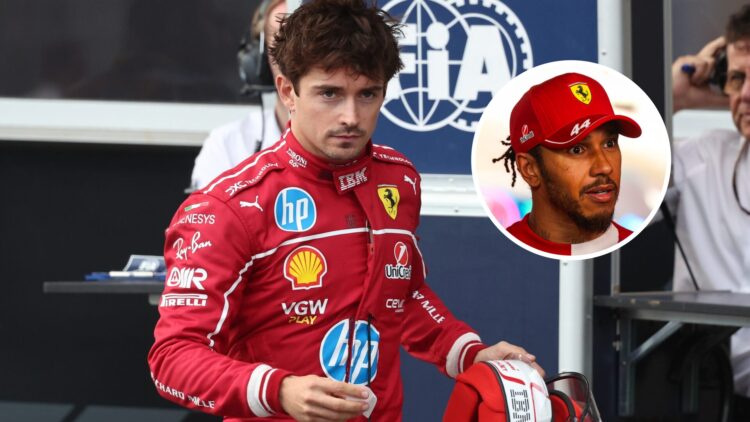 Ferrari driver Charles Leclerc carrying his helmet after qualifying for the 2025 Formula 1 Azerbaijan Grand Prix, inset, Ferrari driver Lewis Hamil...