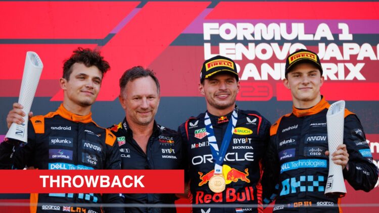 McLaren drivers Lando Norris (far left) and Oscar Piastri (far right) alongside Red Bull team principal Christian Horner (centre left) and driver M...