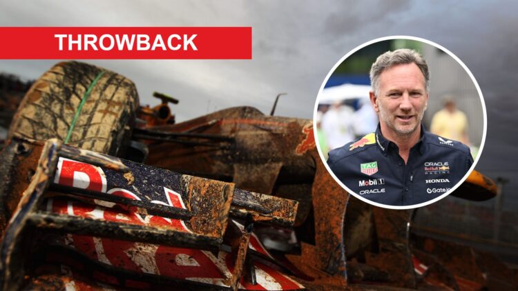 Mark Webber's crashed Red Bull RB6 at the 2010 South Korean Grand Prix and Christian Horner in the Formula 1 paddock at the 2025 Austrian Grand Prix