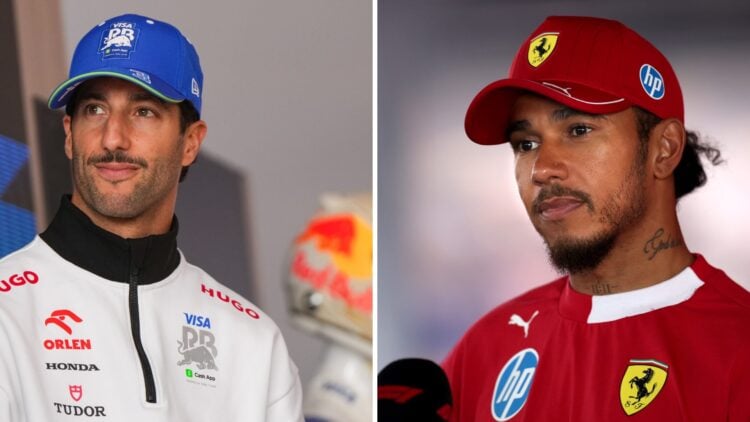 Daniel Ricciardo (left) racing for RB at the 2024 Dutch Grand Prix, Ferrari driver Lewis Hamilton (right) at the 2025 Dutch Grand Prix