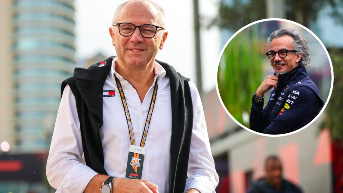 Formula 1 CEO Stefano Domenicali walks in the Azerbaijan Grand Prix paddock; inset of Laurent Mekies of Red Bull